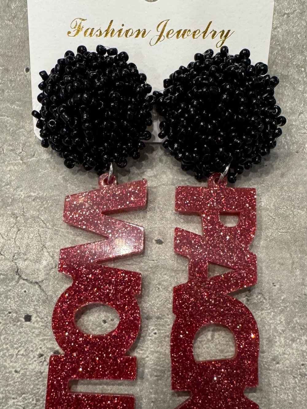 NEW NC State “WOLF PACK” Dangle Statement Earrings Red Glitter Black Beaded
